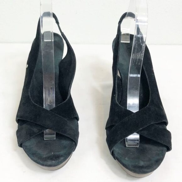 Ugg Hazel Black Suede Platform Wedge Sandals Size 9.5 Wooden Heel Open Toe - Picture 3 of 7